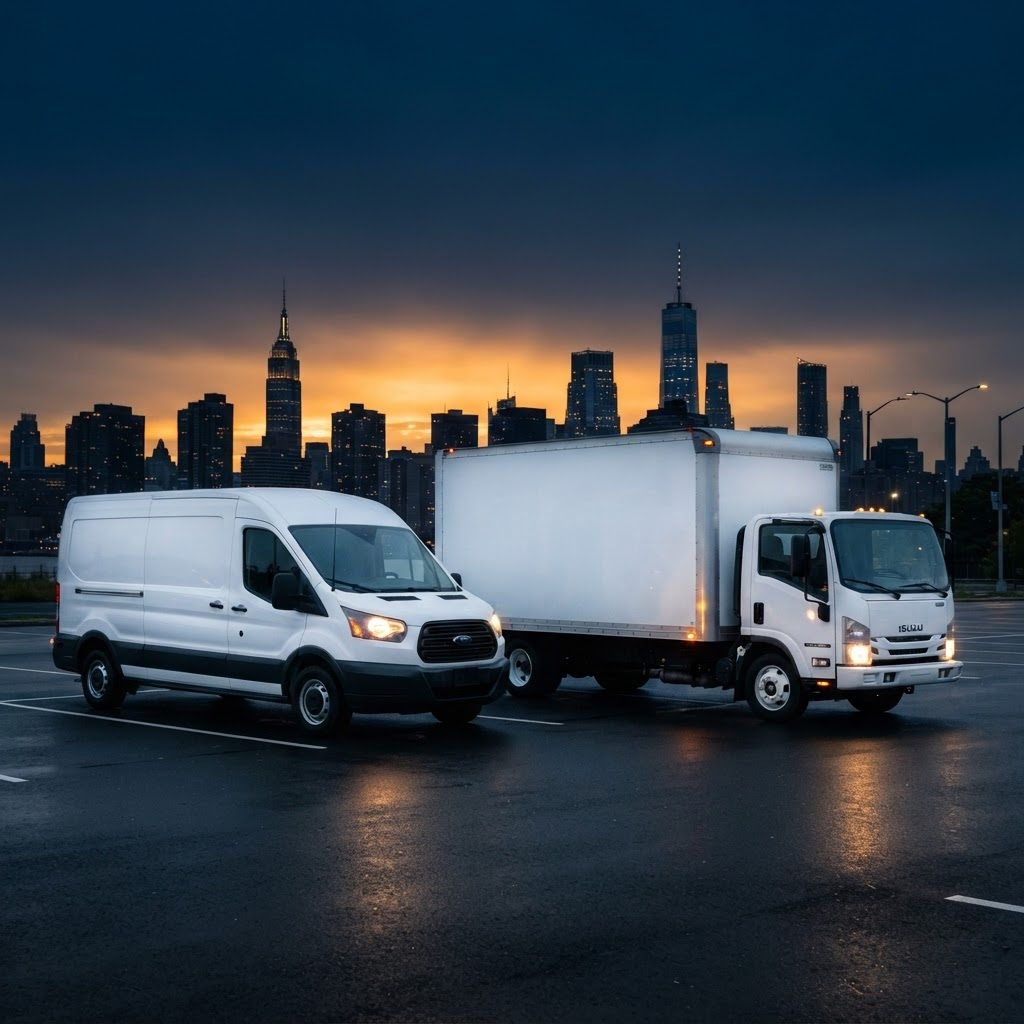 Forget Logistics white delivery van and box truck fleet against a city skyline at sunset